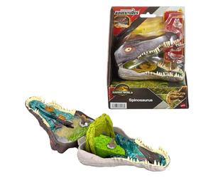 Mattel Jurassic World: El Renacer, Conjunto de juego Mini, la cabeza del Spinosaurio se abre, 4 funciones interactivas, 3 Micro figuras, Dinosaurio de juguete, JGB98