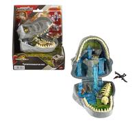 Mattel Jurassic World: El Renacer, Conjunto de juego Mini, la cabeza del Tiranosaurio Rex se abre, 4 funciones interactivas, 3 Micro figuras, T. Rex Dinosaurio de juguete, JGB97
