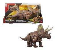 Mattel Jurassic World: El Renacer, Grandes embestidas, Eotricerátops Figura de dinosaurio de juguete de especie grande, con 2 embestidas activadas con la cola, juego digital, JGB93