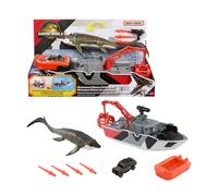 Mattel Jurassic World: El Renacer Matchbox Barco de rescate y mosasaurio, Conjunto de juego, barco de rescate dinosaurio, Jeep metálico, misiles arpón y bote de rescate desmontable, JGG61