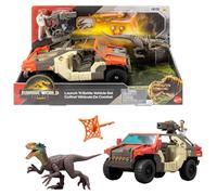 Mattel Jurassic World El Renacer Vehículo Persecución y captura con un humano y un dinosaurio, figura de Martin Krebs y velocirraptor, torreta y dos proyectiles, JGB59