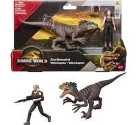 Mattel Jurassic World Rebirth - Paquete de figuras humanas y dinosaurios, Zora Bennett y Velociraptor, escala precisa de 3.75 pulgadas, coleccionable