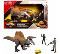 Mattel Jurassic World Rebirth Storypack con exclusivo Spinosaurus, 1 figura humana masculina y 1 hembra y accesorios, juego de peligro de Spinosaurus