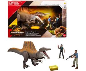 Mattel Jurassic World Rebirth Storypack con exclusivo Spinosaurus, 1 figura humana masculina y 1 hembra y accesorios, juego de peligro de Spinosaurus