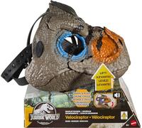 Mattel Jurassic World Sonidos de gruñidos Máscara de velocirraptor con sonidos de rugidos y gruñidos, disfraz de cabeza de dinosaurio con dientes terribles, JKG94