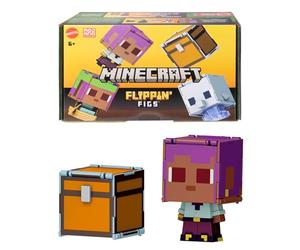 Mattel Minecraft Flippin’ Figs Pack de dos figuras de acción a escala de 9,5cm con cabezas grandes, figuras 2 en 1 para un juego veloz con las manos, Efe/barca y delfín/cofre del tesoro, JCY31