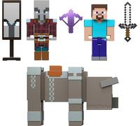 Mattel Minecraft Pack Asalto a la Aldea con 3 Figuras de acción y 3 Accesorios, Conjunto Coleccionable a Escala de 8,25cm con Steve Incluido, JJT18