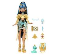 Monster High Cleo de Nile, Muñeca Momia con Blusa Dorada y Falda a Capas, Incluye Mascota Cobra Hissette, Mochila, Aperitivo y pergamino, Juguete Regalo para niños y niñas +4 años, HXH74