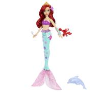 Mattel - Muñeca de la princesa Ariel de Disney, sirena nadadora con chorro de agua de delfín, figura de Sebastián y 4 accesorios, juguete acuático de amigos del océano