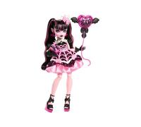 Monster High Cumplespantos Draculaura Muñeca con vestido de fiesta rosa y accesorios temáticos como una invitación, un globo, un regalo, un abanico y mucho más, JBG74