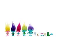 Mattel Trolls 3 Todos Juntos Pack 5 muñecos pequeños Reina Poppy, Viva, Branch, Clay y Spruce Bruce con figuras de Sr. Dinkles y Mini Diamante, inspirado en la película, juguete +3 años (HPW78)