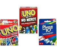Mattel Uno No Mercy, Uno and Phase 10 - Juego de cartas (3 unidades)