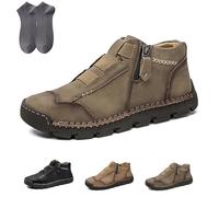 Matufit Shoes for Men, Men's Genuine Leather Waterproof Non-Slip Fashionable Orthopedic Shoes, Side Zip Slip-On Flats (Khaki,38)