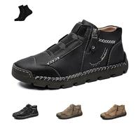 Matufit Shoes for Men, Men's Genuine Leather Waterproof Non-Slip Fashionable Orthopedic Shoes, Side Zip Slip-On Loafers (Black,47)