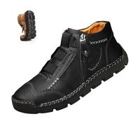 Matufit - Zapatos para hombre, de piel auténtica, impermeables, antideslizantes, a la moda, ortopédicos, con cremallera lateral, zapatos planos para exteriores, Black, 49 EU