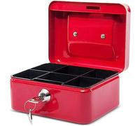 MAUL caja fuerte de acero 15.2 x 11.5 x 8 cm | Caja caudales con cerradura | Bandeja extraíble para monedas | Caja con 2 llaves | Caja registradora robusta con asa | Rojo