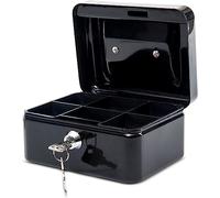 MAUL caja fuerte de acero 15.2 x 11.5 x 8 cm | Caja caudales con cerradura | Bandeja extraíble para monedas | Caja con 2 llaves | Caja registradora robusta con asa | Negro