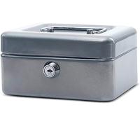 MAUL caja fuerte de acero 15.2 x 11.5 x 8 cm | Caja caudales con cerradura | Bandeja extraíble para monedas | Caja con 2 llaves | Caja registradora robusta con asa | Plata