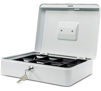 MAUL caja fuerte de acero 30 x 24 x 8,7 cm | Caja caudales con cerradura | Bandeja extraíble para monedas | Caja con 2 llaves | Caja registradora robusta con asa | Blanco