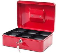 MAUL caja fuerte de acero 25 x 18 x 9 cm | Caja caudales con cerradura | Bandeja extraíble para monedas | Caja con 2 llaves | Caja registradora robusta con asa | Rojo