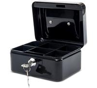 MAUL caja fuerte de acero 15.2 x 11.5 x 8 cm | Caja caudales con cerradura | Bandeja extraíble para monedas | Caja con 2 llaves | Caja registradora robusta con asa | Negro