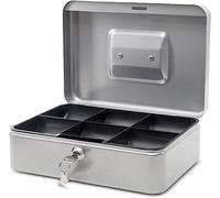 MAUL caja fuerte de acero 25 x 18 x 9 cm | Caja caudales con cerradura | Bandeja extraíble para monedas | Caja con 2 llaves | Caja registradora robusta con asa | Plata