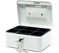 MAUL caja fuerte de acero 15.2 x 11.5 x 8 cm | Caja caudales con cerradura | Bandeja extraíble para monedas | Caja con 2 llaves | Caja registradora robusta con asa | Blanco