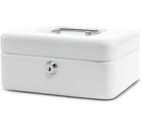 MAUL caja fuerte de acero 20 x 16 x 9 cm | Caja caudales con cerradura | Bandeja extraíble para monedas | Caja con 2 llaves | Caja registradora robusta con asa | Blanco