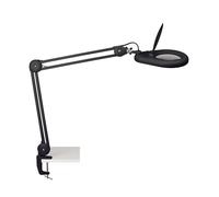 MAUL Lámpara lupa LED MAULviso negra con pinza de mesa | aumento cómodo 1,75x, luz día 6500 K uniforme, lente de vidrio real, brazo metálico flexible, fijación firme