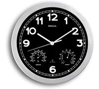 MAUL Reloj de Pared MAULdrive Plateado radiocontrolado preciso | hora automática, cambio horario fácil, termómetro e higrómetro, esfera negra clara, marcha silenciosa, pila incluida | hora automática, cambio horario fácil, termómetro e higrómetro, esfera negra clara, marcha silenciosa, pila incluida