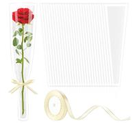Mauproy 100 fundas de rosas individuales con bordes blancos, bolsas de flores individuales con cintas, envoltura de flores de plástico para bodas, cumpleaños, Navidad, suministros de floristería