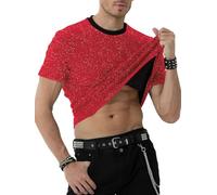 Mauro Kane Camisetas Lentejuelas Hombre Manga Corta Camiseta Brillante T-Shirt Rock Festival Fiesta Discoteca Jazz Dance Clubwear Punk Metalizada Rojo L