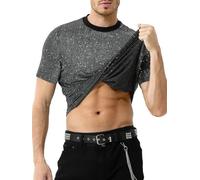 Mauro Kane Camisetas Lentejuelas Hombre Manga Corta Camiseta Brillante T-Shirt Rock Festival Fiesta Discoteca Jazz Dance Clubwear Punk Metalizada Rayas Plateadas L