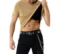Mauro Kane Camisetas Lentejuelas Hombre Manga Corta Camiseta Brillante T-Shirt Rock Festival Fiesta Discoteca Jazz Dance Clubwear Punk Metalizada Dorado M