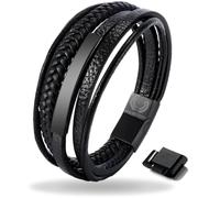 Mauro Vinci URO PLANO - Pulsera de piel para hombre, color negro, doble cordón con cierre magnético, ajustable de 19,5 cm a 21 cm, color negro