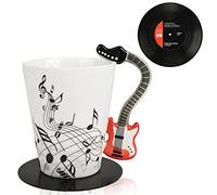 Maustic Taza de guitarra, regalos de música para hombres y mujeres, regalos de guitarra para guitarristas, regalos de cumpleaños de Navidad para amantes de la música, regalos de profesores de música, taza de cerámica de 13 onzas con posavasos de discos de vinilo (guitarra roja)