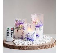 Mavandes Velas LED de cristal sin efecto llama con mando a distancia y temporizador,Funcionan con pilas Set de 3 velas eléctricas de mecha realista,7.5x 10 12.5 15cm,Flores moradas