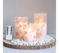 Mavandes Velas LED de cristal sin efecto llama con mando a distancia y temporizador,Funcionan con pilas Set de 3 velas eléctricas de mecha realista,7.5x 10 12.5 15cm,Cerezos en flor