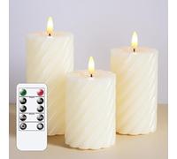 Mavandes Velas LED sin llama con mando a distancia, Marfil Pilar de pilas parpadeante Pack de 3 velas de cera real (7,5x10,12,5,15cm)