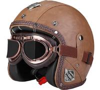 Maverick 3/4 Casco Jet Moto Homologado ECE 22.06 Certificación Seguridad Vial Calota ABS Hebillas Rápida Casco Abierto Retro con Gafas Vintage Cuero Marrón Scooter Cruiser Ligero