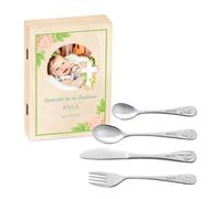 Maverton Cubertería Infantil Personalizada de 4 Piezas - Cubiertos Acero Inoxidable con Grabado - Regalos Personalizados para Bebe Niña - Vajilla Bebe para Comunion Bautizo - Foto