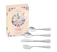 Maverton Cubertería Infantil Personalizada de 4 Piezas - Cubiertos Acero Inoxidable con Grabado - Regalos Personalizados para Bebe Niña - Vajilla Bebe para Comunion Bautizo - Original
