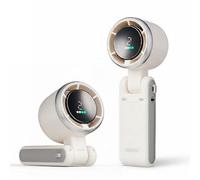 MAVIÉ Ventilador turbo portátil de mano, mini ventilador personal 3 en 1 recargable para escritorio y cuello, 5 velocidades y pantalla LED, batería de larga duración, diseño plegable con cordón para