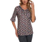 MAVIS LAVEN Camisetas de manga 3/4 para mujer, informales, cuello en V, blusas sueltas de verano con volantes, túnica para mujer, Flor negra., M
