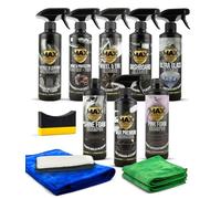MAX DETAIL-LAB - Detailing Pack - Kit Limpieza Coche Accesorios Incluidos, Productos Limpieza Exterior e Interior, Limpia Llantas, Champu, Cera Líquida, Tapicerias, Salpicaderos, Limpiacristales