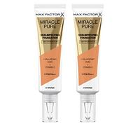 Max Factor Miracle Pure, base de maquillaje líquida hidratante con vitamina C y SPF 30, Nuance 80 Bronze - 2 bases de maquillaje de 30 ml