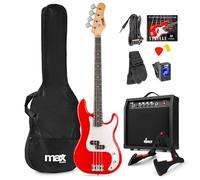 MAX GigKit - Bajo eléctrico con amplificador incluido de 40W color rojo | Pack con funda, soporte, afinador, cuerdas y cable incluidos, para principiantes y ensayos en casa o estudio