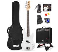 MAX GigKit - Bajo eléctrico con amplificador incluido de 40W en blanco | Pack con funda, soporte, afinador, cuerdas y cable incluidos, para principiantes y ensayos en casa o estudio