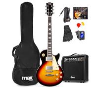 Max GigKit de Guitarra Eléctrica diseño LP para principiantes o profesionales. Guitarra Estilo LP con pastillas Humbucker, afinador digital, funda guitarra, cinta, cuerdas de repuesto, púas. Sunburst