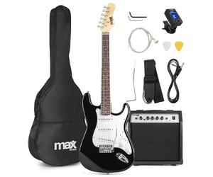 MAX GigKit - kit guitarra eléctrica de iniciación, amplificador de guitarra eléctrica de 40w, funda de transporte, afinador digital, cuerdas, palanca tremolo, correa, 2 puas, cable de 3m, Color Negro